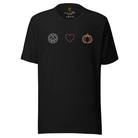 Black unisex t-shirt with peace symbol, heart, and pumpkin design – Boozie Adams