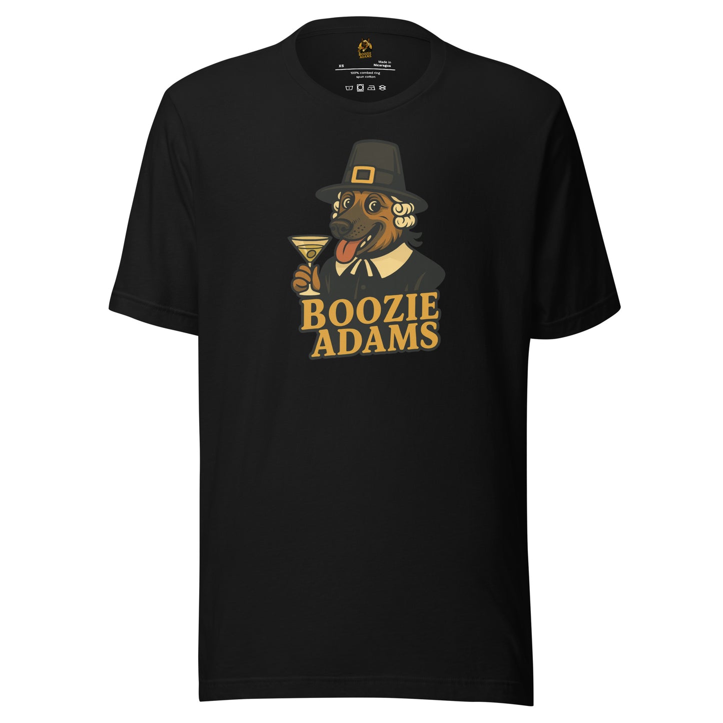 Black unisex t-shirt with a graphic of a dog in a pilgrim outfit holding a martini glass and the text 'Boozie Adams' – Boozie Adams