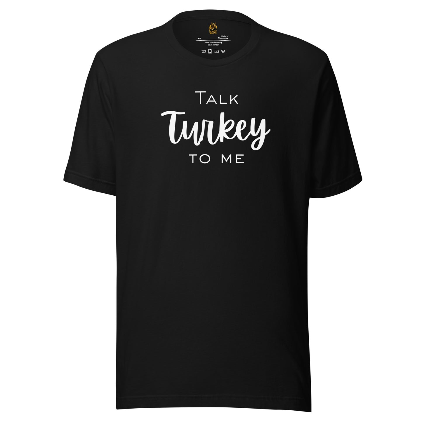 Black unisex t-shirt with 'Talk Turkey To Me' white text – Boozie Adams