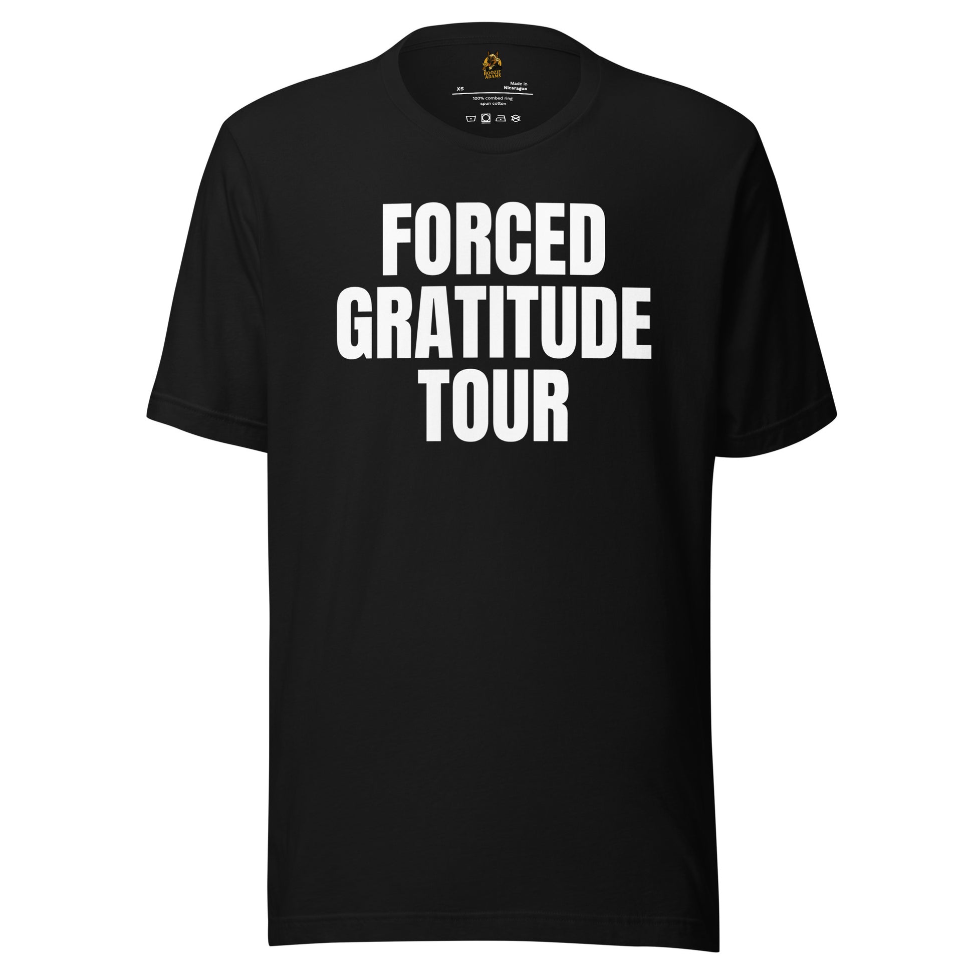 Black unisex t-shirt with 'FORCED GRATITUDE TOUR' white text – Boozie Adams