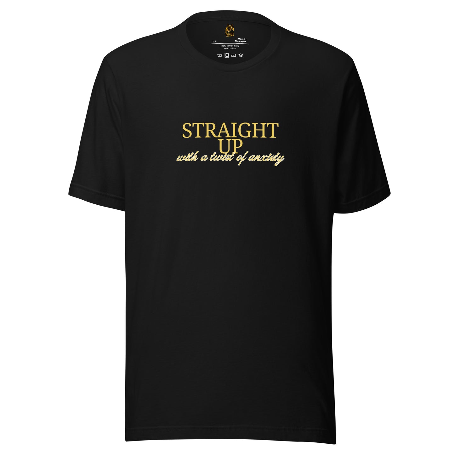 Black unisex t-shirt with gold 'Straight up with a twist of anxiety' text – Boozie Adams