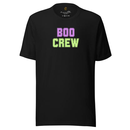 Black unisex t-shirt with 'BOO CREW' text in lavender and green – Boozie Adams