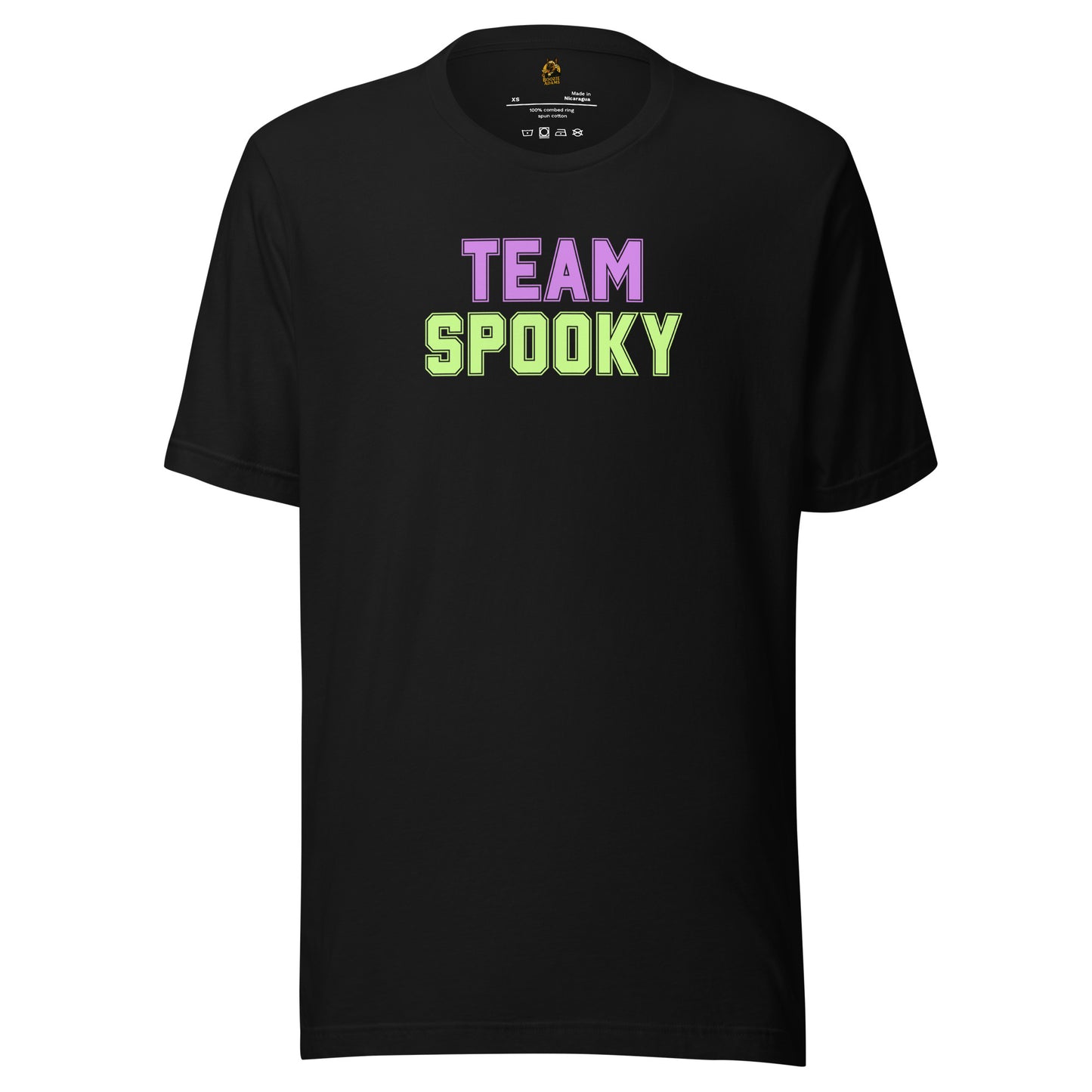 Black unisex t-shirt with 'TEAM SPOOKY' text in lavender and green – Boozie Adams