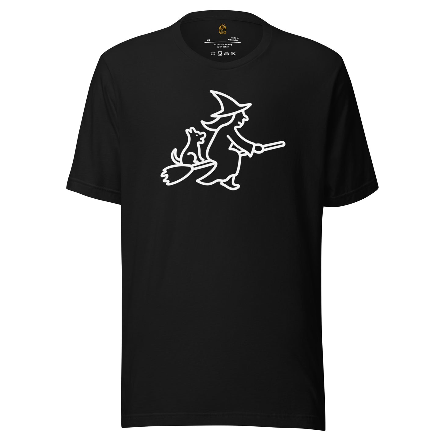 Black unisex t-shirt with a white witch on a broom with a dog graphic – Boozie Adams