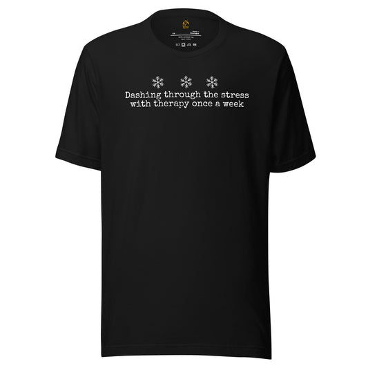 Black unisex t-shirt with white 'Dashing through the stress with therapy once a week' text and snowflake graphics in white – Boozie Adams