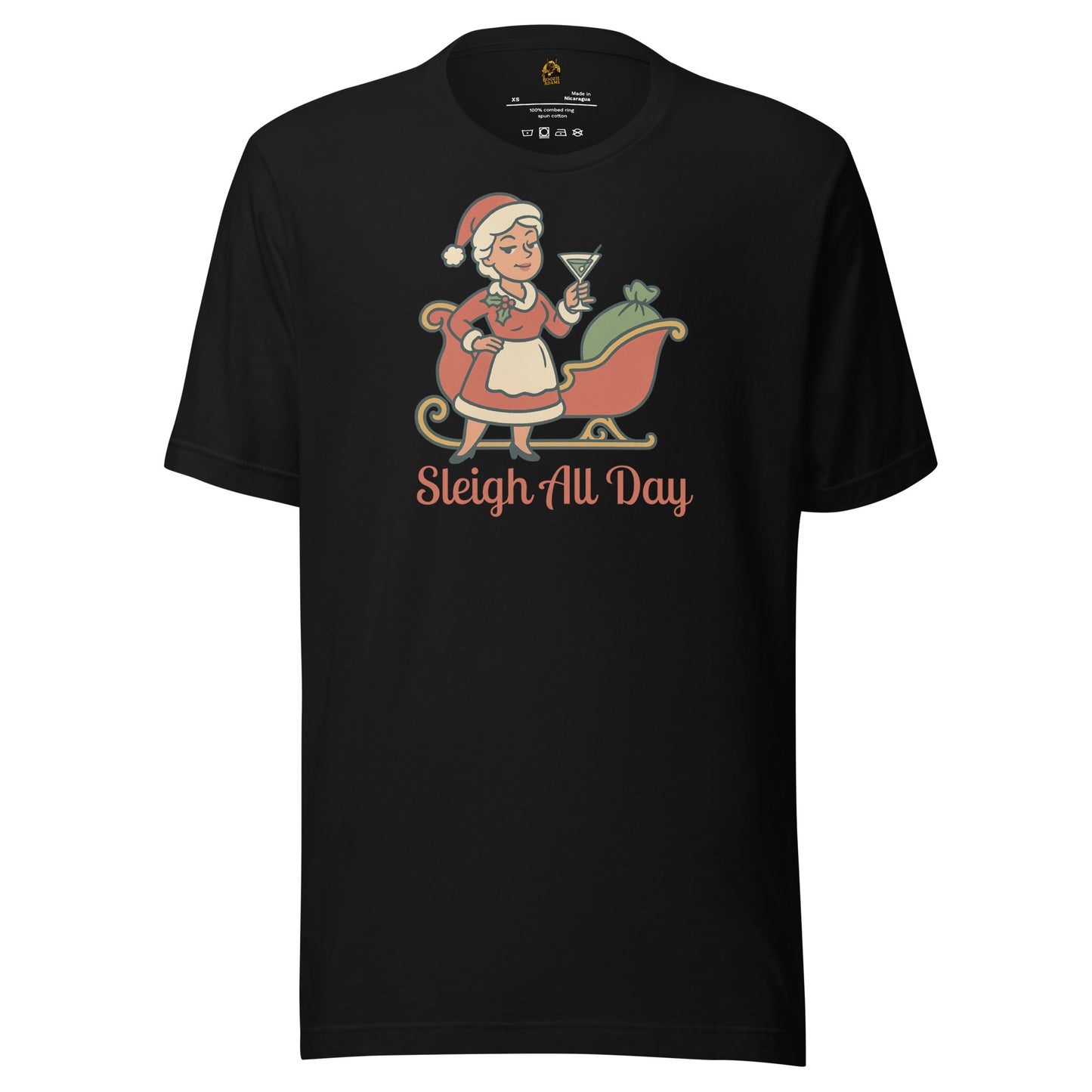 Black unisex t-shirt with a graphic of a Mrs Claus in front of a sleigh, holding a martini glass, with text 'Sleigh All Day' in red – Boozie Adams