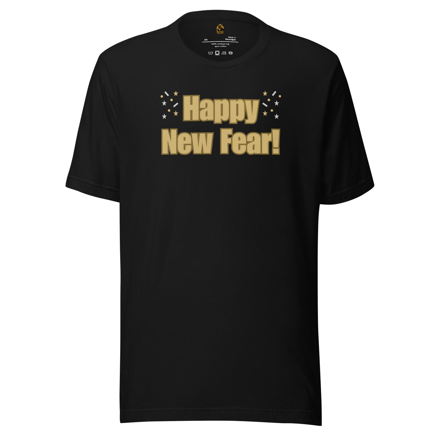 Black unisex t-shirt with 'Happy New Fear!' text in gold – Boozie Adams