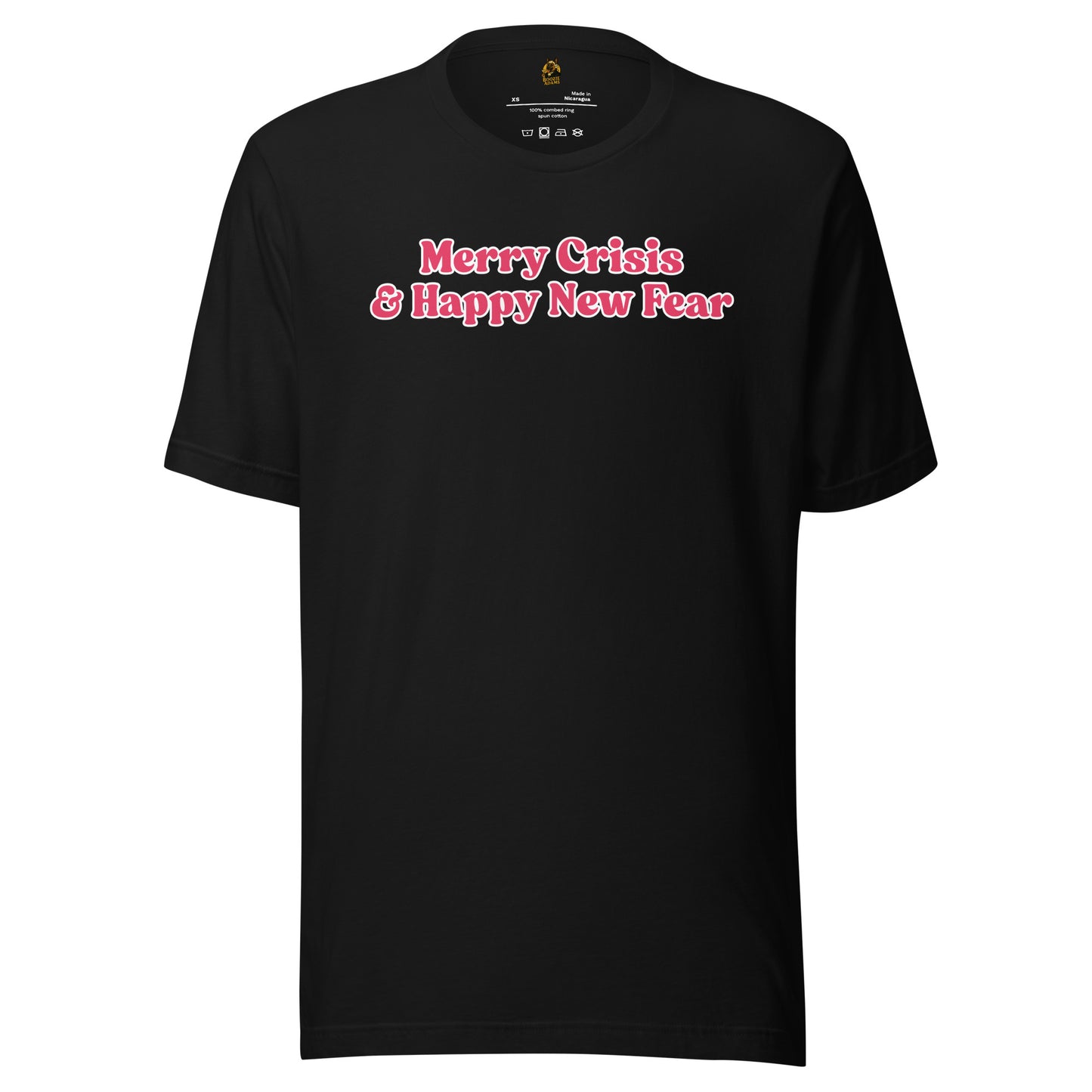 Black unisex t-shirt with red text 'Merry Crisis & Happy New Fear' – Boozie Adams