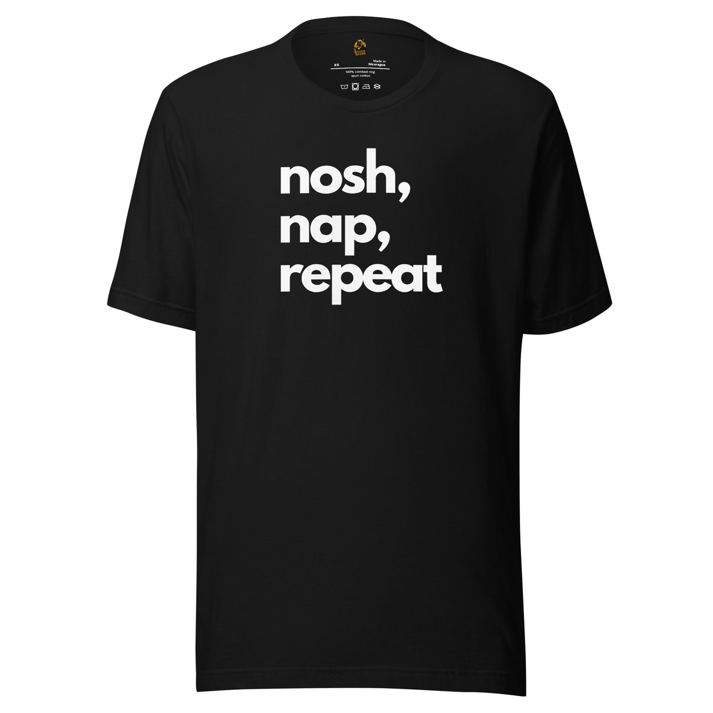 Black unisex t-shirt with 'nosh, nap, repeat' text in white – Boozie Adams