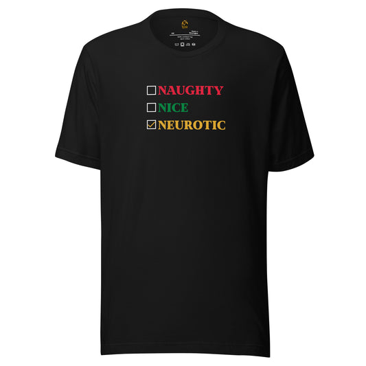 Black unisex t-shirt with colorful text and checkboxes 'naughty, nice, neurotic' – Boozie Adams