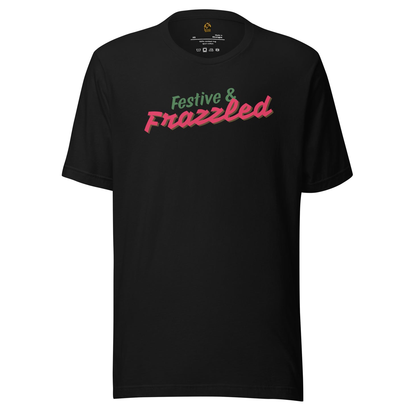 Black unisex t-shirt with 'Festive & Frazzled' text in green and red – Boozie Adams