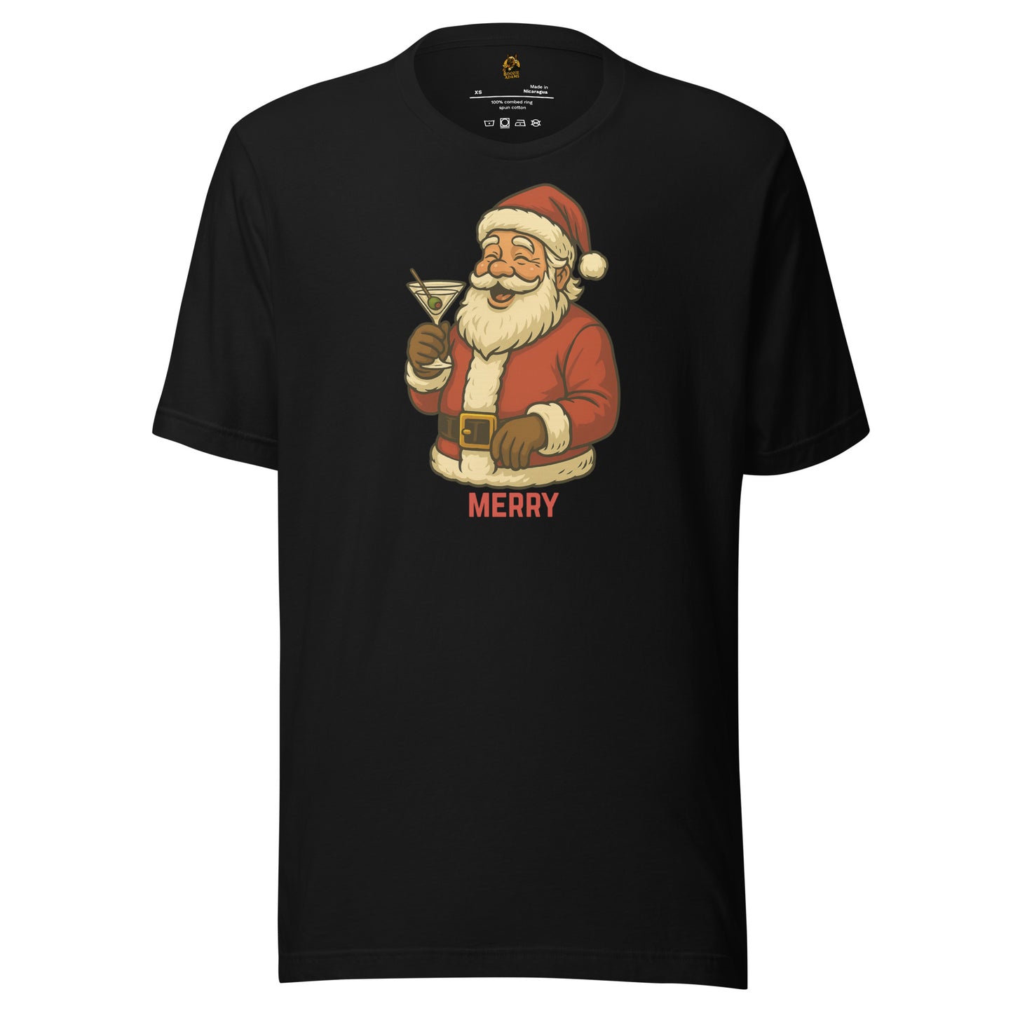 Black unisex t-shirt with a graphic of Santa Claus holding a martini glass and the word 'MERRY' – Boozie Adams
