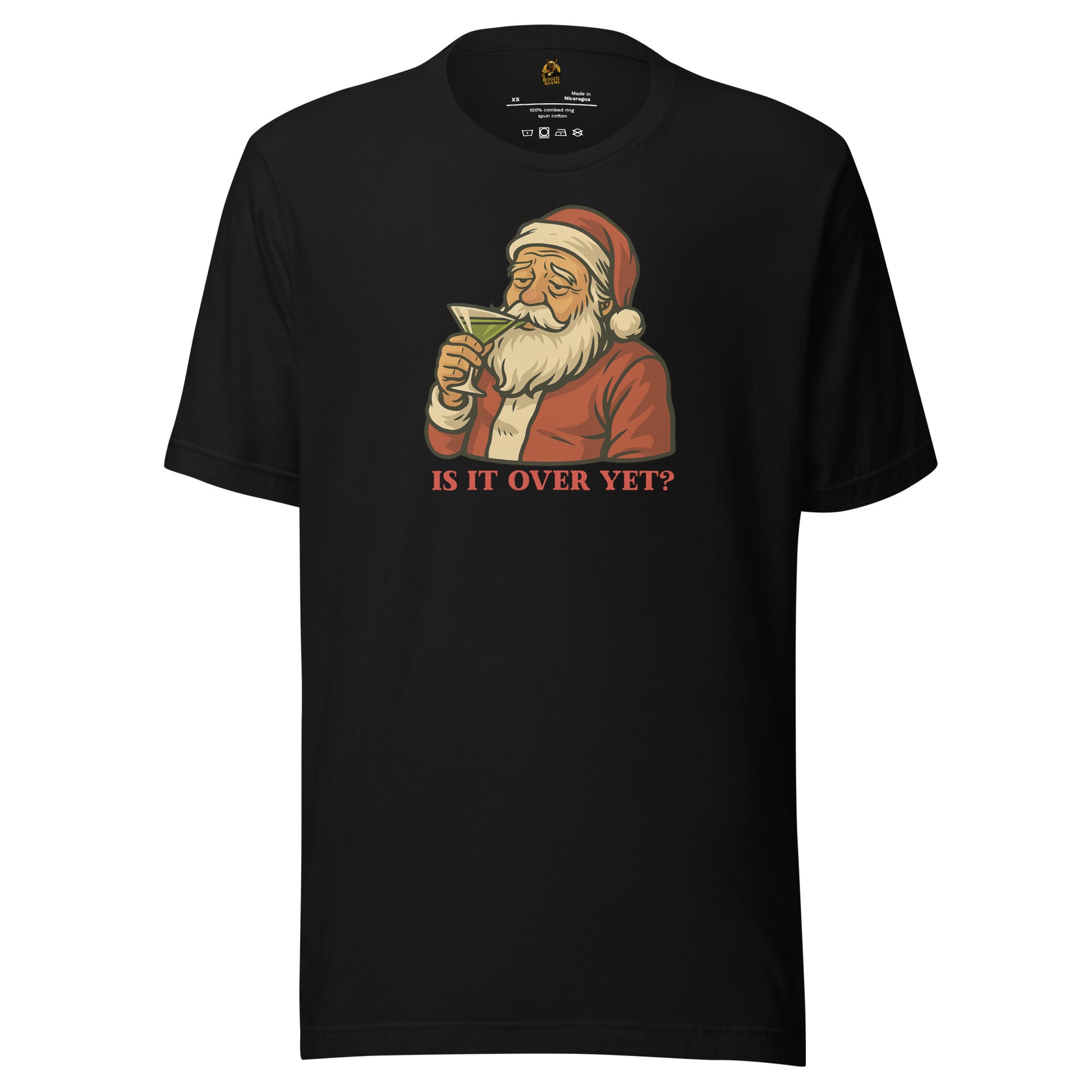 Black unisex t-shirt with Santa Claus drinking a martini graphic and text 'IS IT OVER YET?' – Boozie Adams