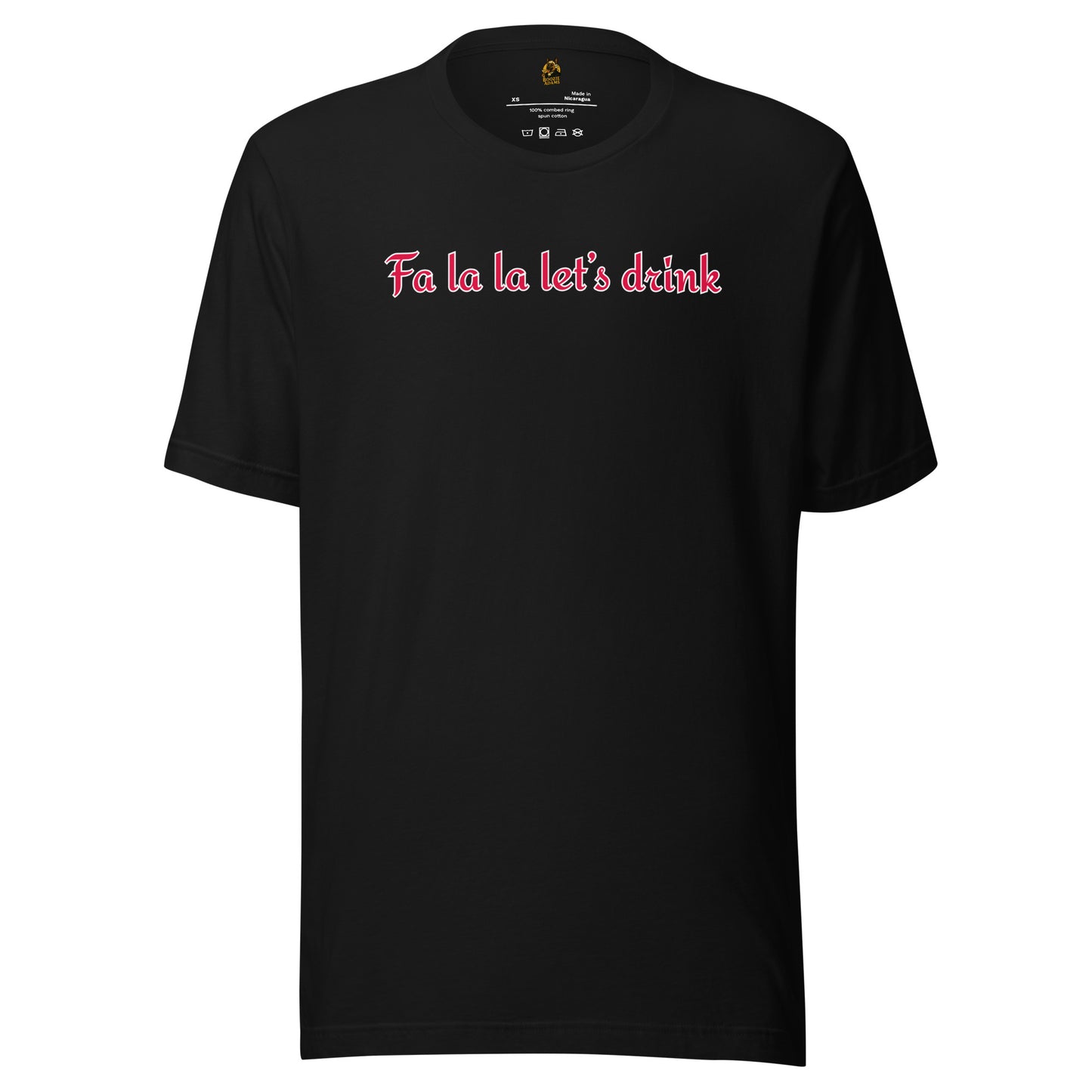 Black t-shirt with red text 'Fa la la let's drink' – Boozie Adams