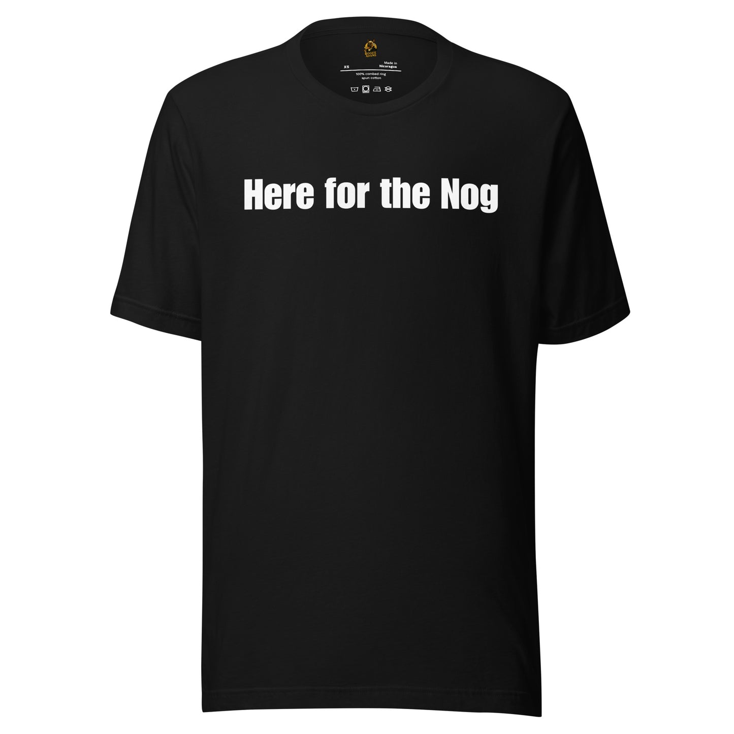 Black unisex t-shirt with 'Here for the Nog' text in white – Boozie Adams