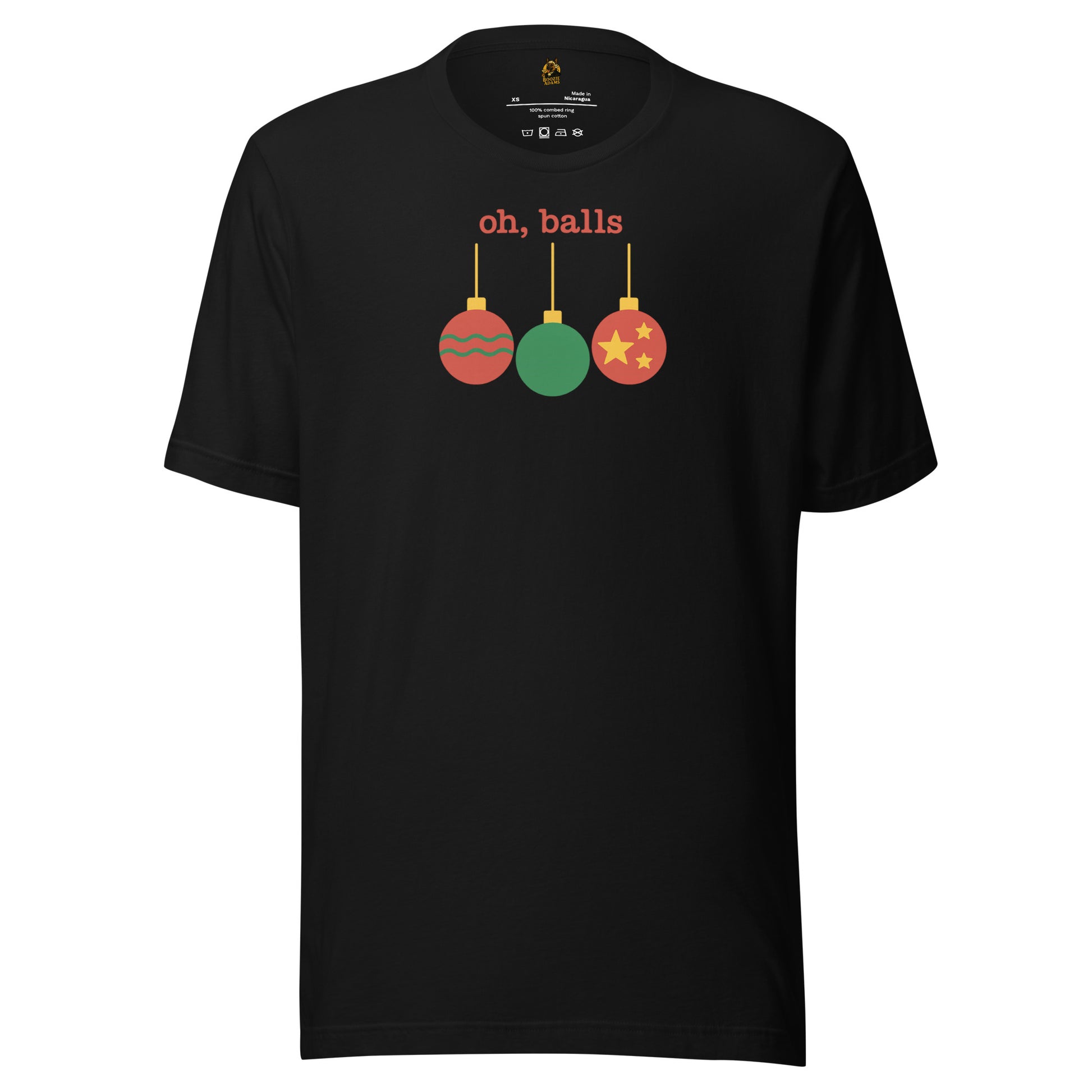 Black unisex t-shirt with colorful ornaments and text 'oh, balls' in red – Boozie Adams