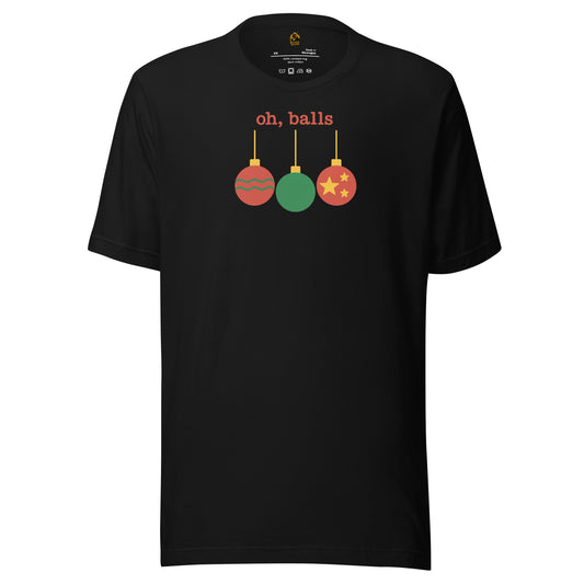 Black unisex t-shirt with colorful ornaments and text 'oh, balls' in red – Boozie Adams