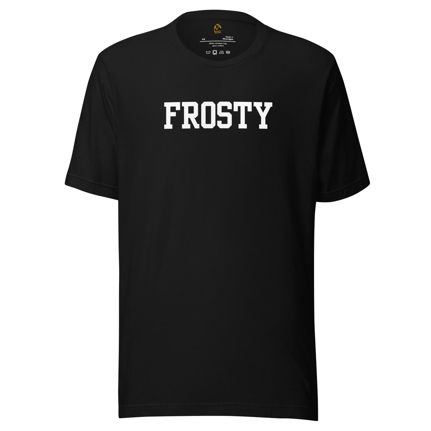 Black unisex t-shirt with 'FROSTY' text in white – Boozie Adams