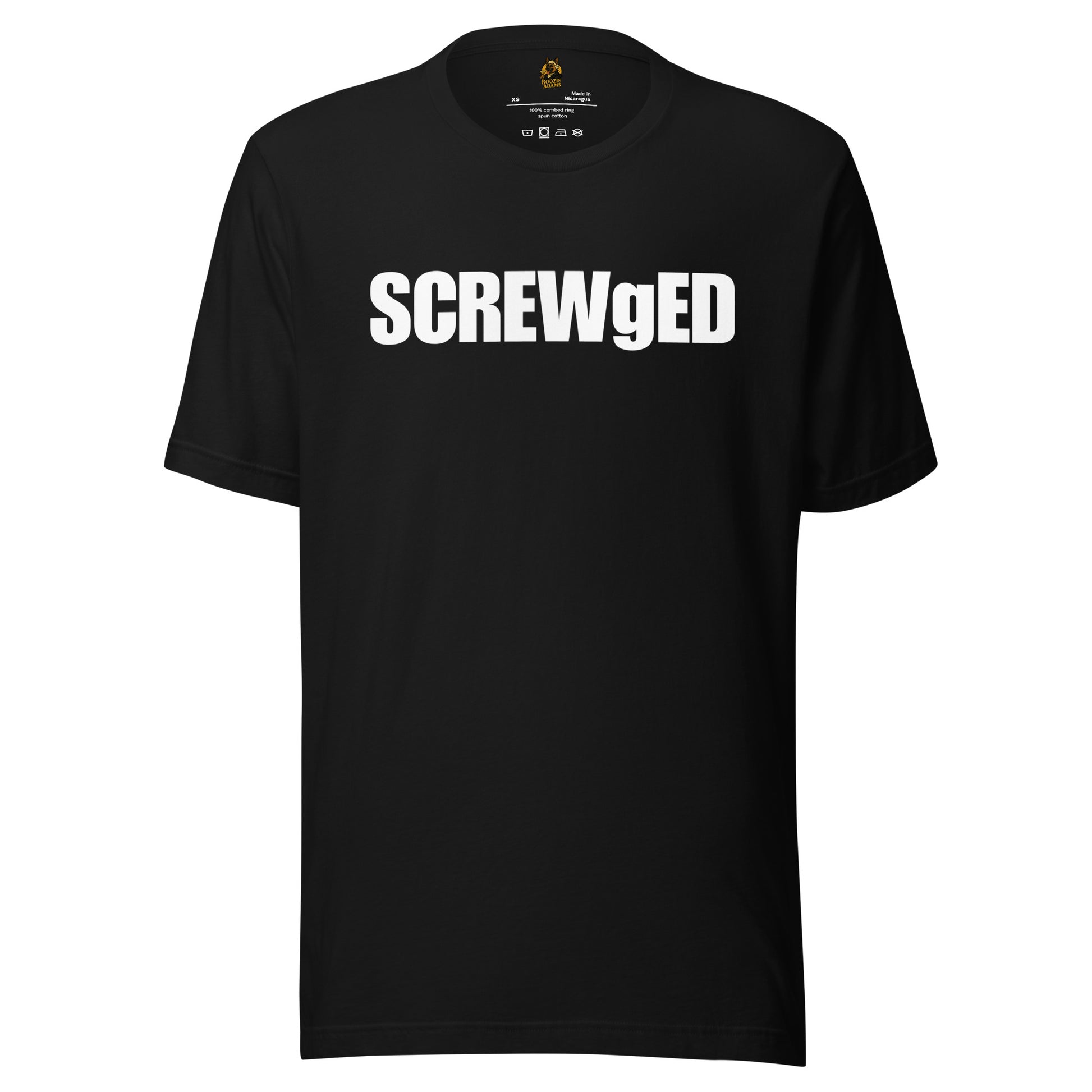 Black unisex t-shirt with 'SCREWgED' text in white – Boozie Adams
