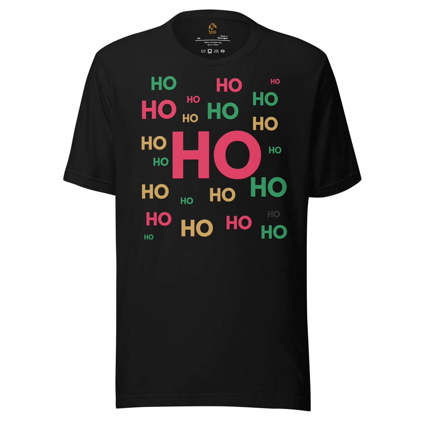 Black t-shirt with 'HO HO HO' text in various colors – Boozie Adams