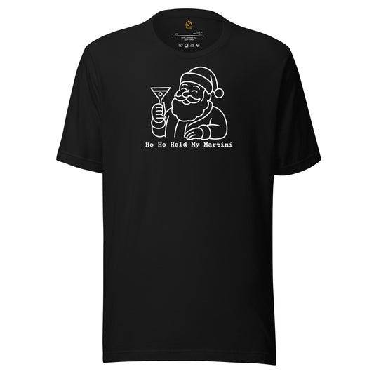 Black unisex t-shirt with a graphic of Santa Claus holding a martini glass and text 'Ho Ho Hold My Martini' in white – Boozie Adams