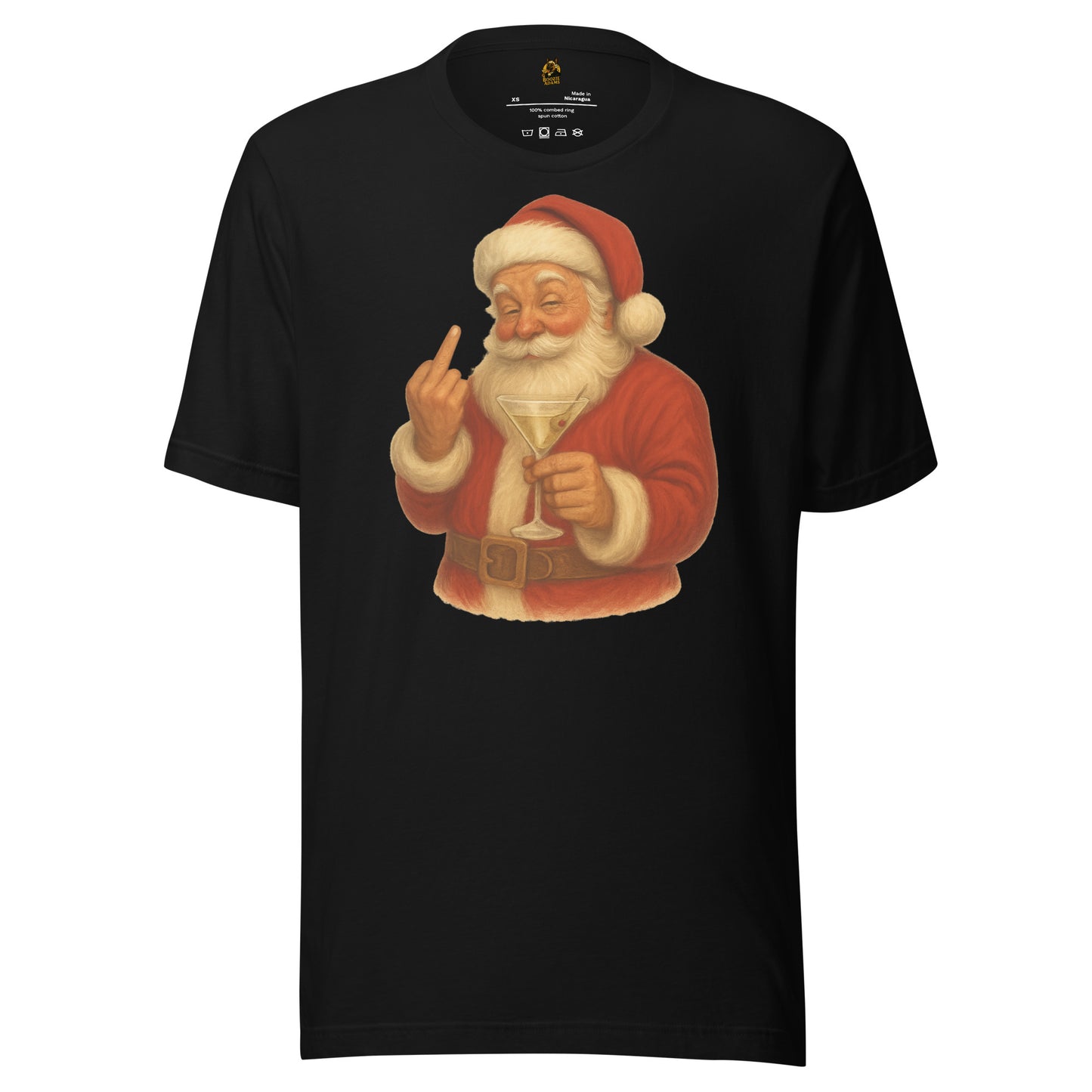 Black t-shirt with a graphic of a Santa Claus holding a martini glass and flipping the bird – Boozie Adams