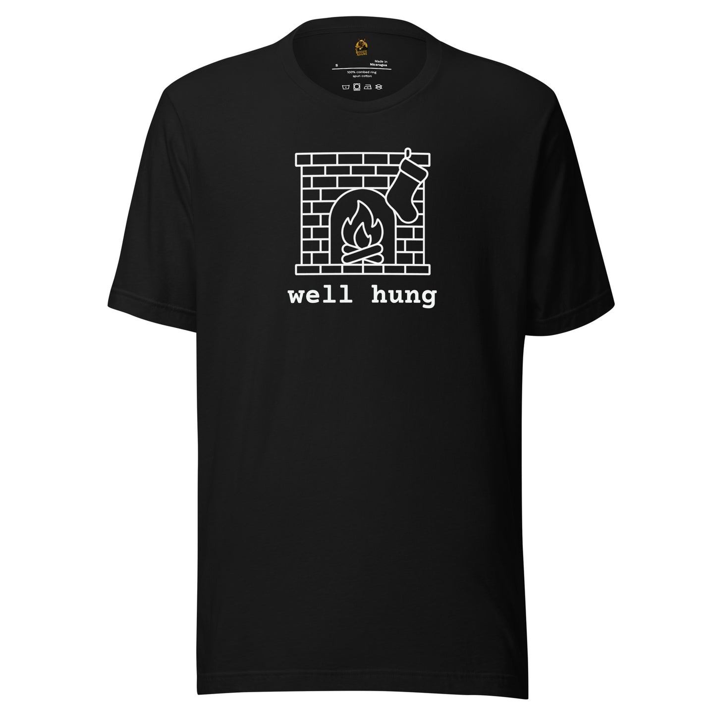 Black t-shirt with a graphic of a fireplace with a stocking and 'well hung' text – Boozie Adams