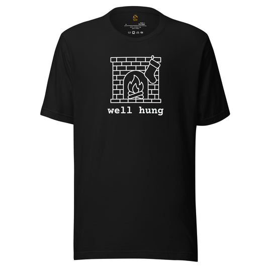 Black t-shirt with a graphic of a fireplace with a stocking and 'well hung' text – Boozie Adams