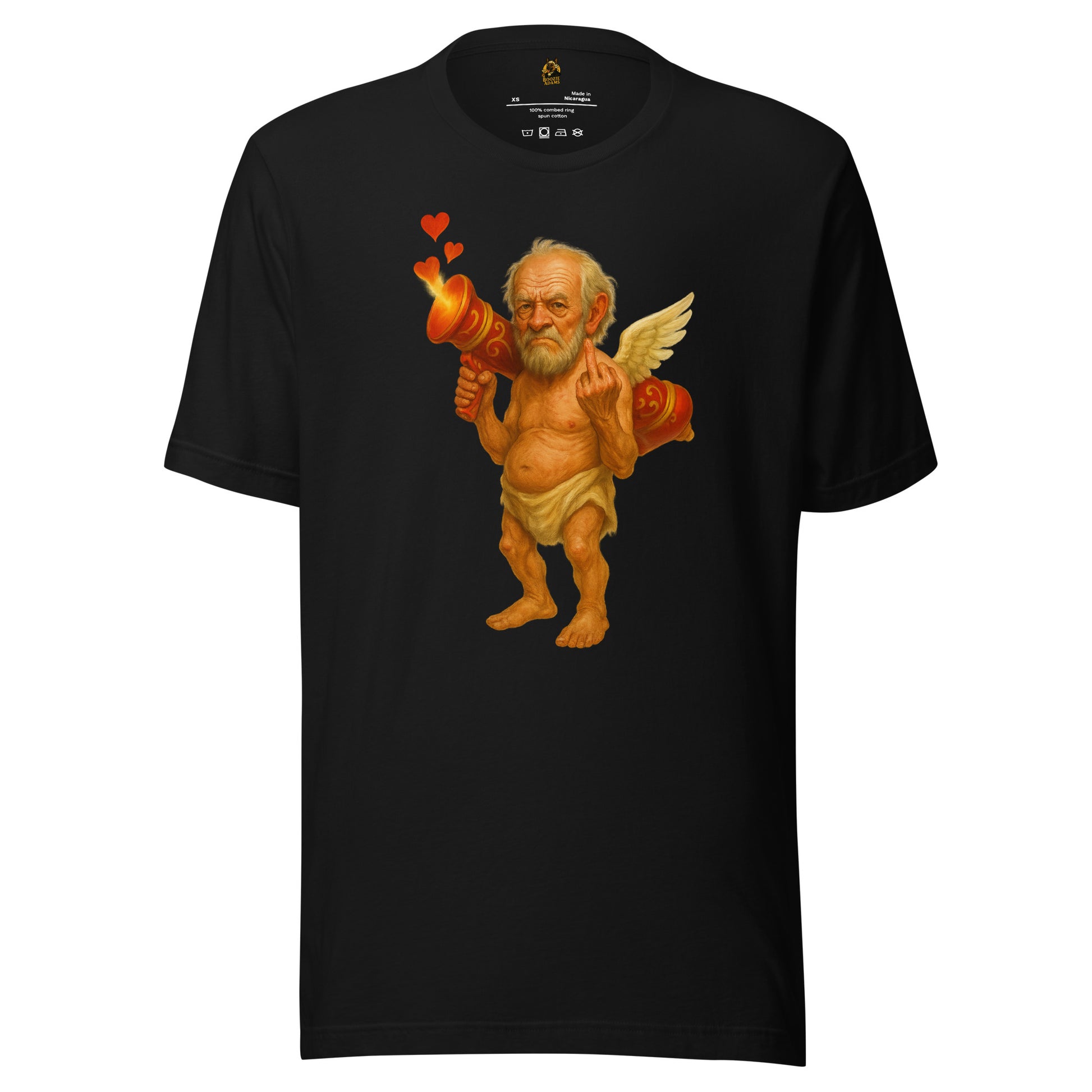 Black unisex t-shirt with a graphic of cupid flipping the bird – Boozie Adams