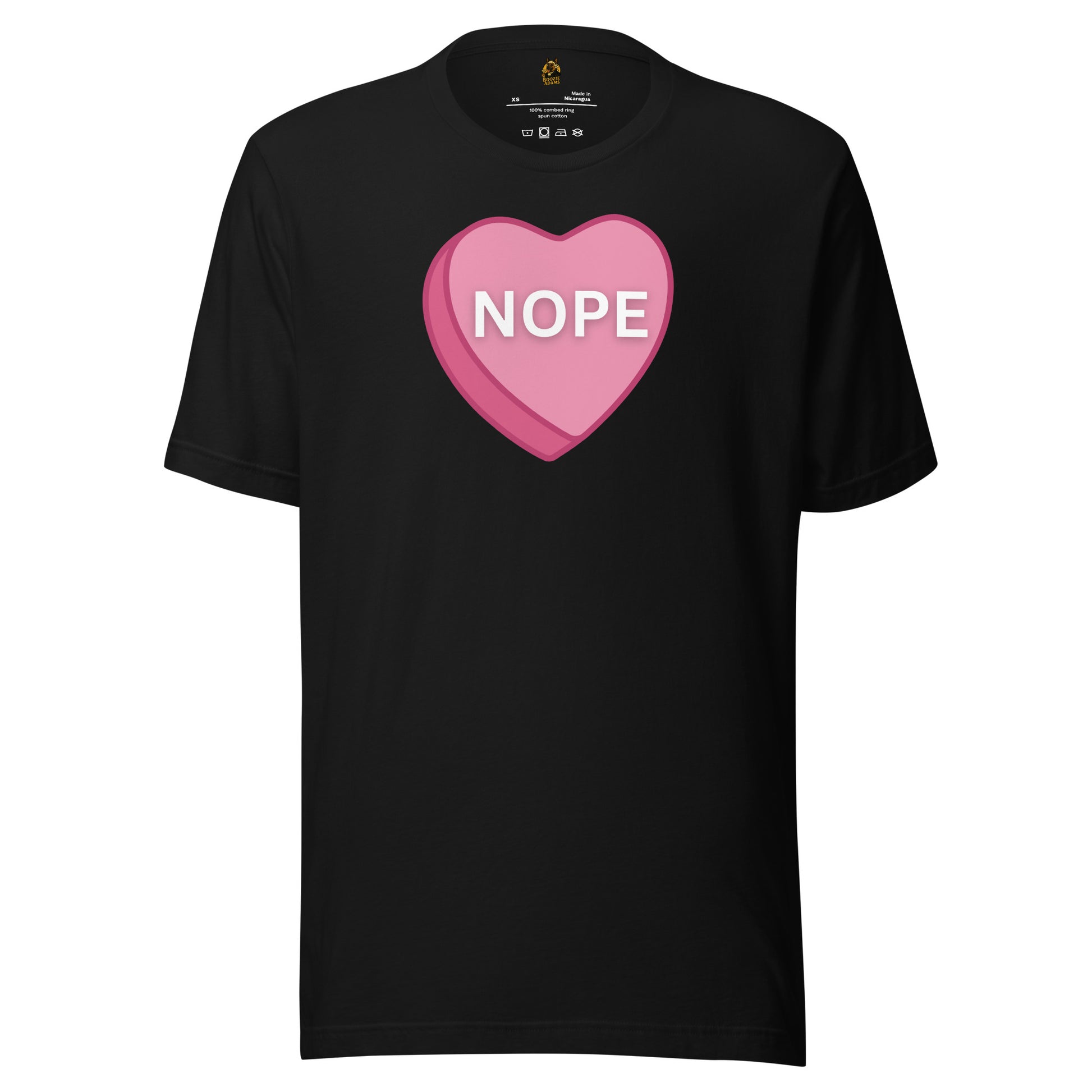Black unisex t-shirt with a pink heart and 'NOPE' text – Boozie Adams