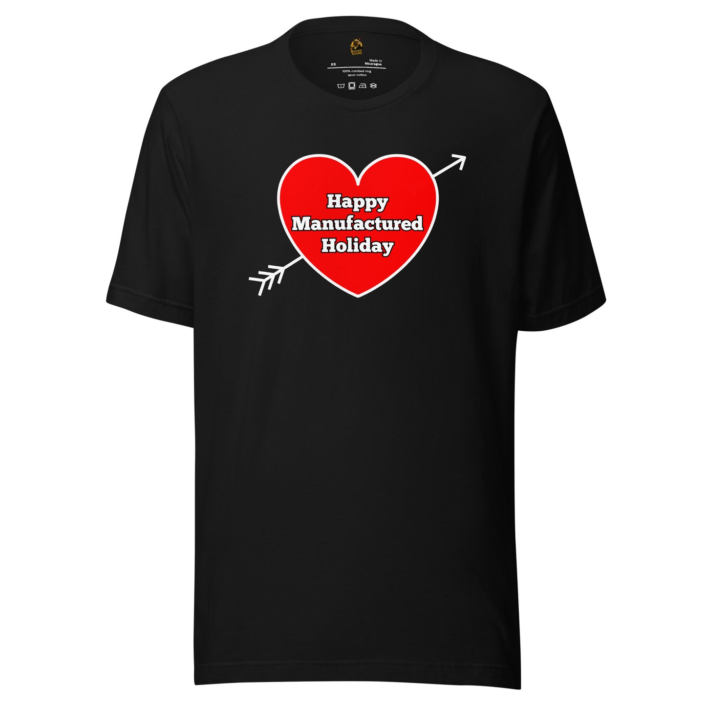 Black unisex t-shirt with a red heart graphic with 'happy manufactured holiday' text – Boozie Adams