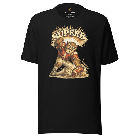 Black unisex t-shirt with a graphic of an owl football player and 'Superb' text – Boozie Adams