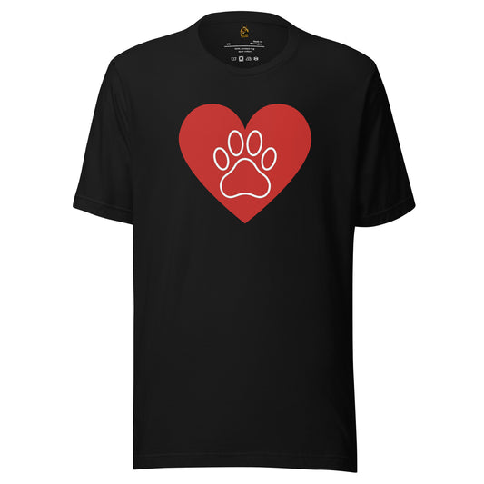 Black unisex t-shirt with a red heart and white paw print – Boozie Adams