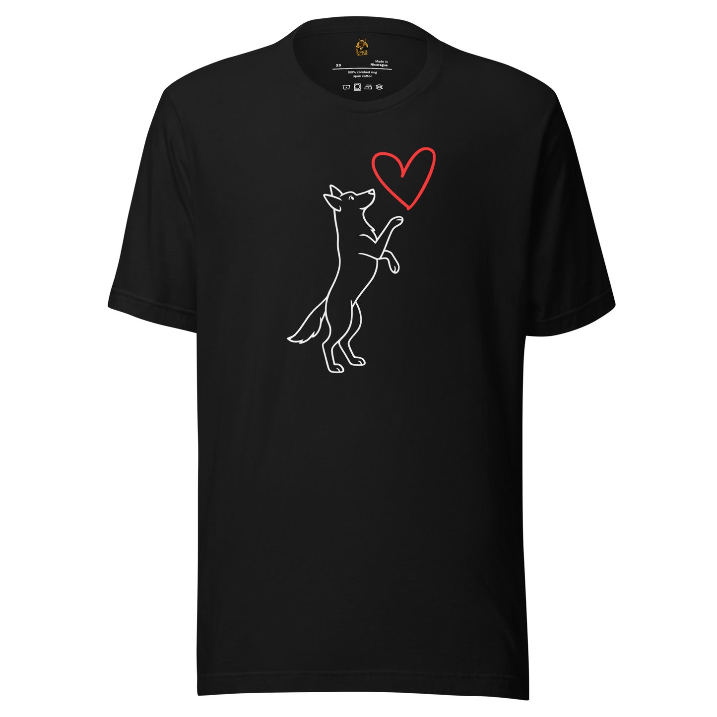 Black unisex tshirt with graphic of white dog reaching up to red heart – Boozie Adams