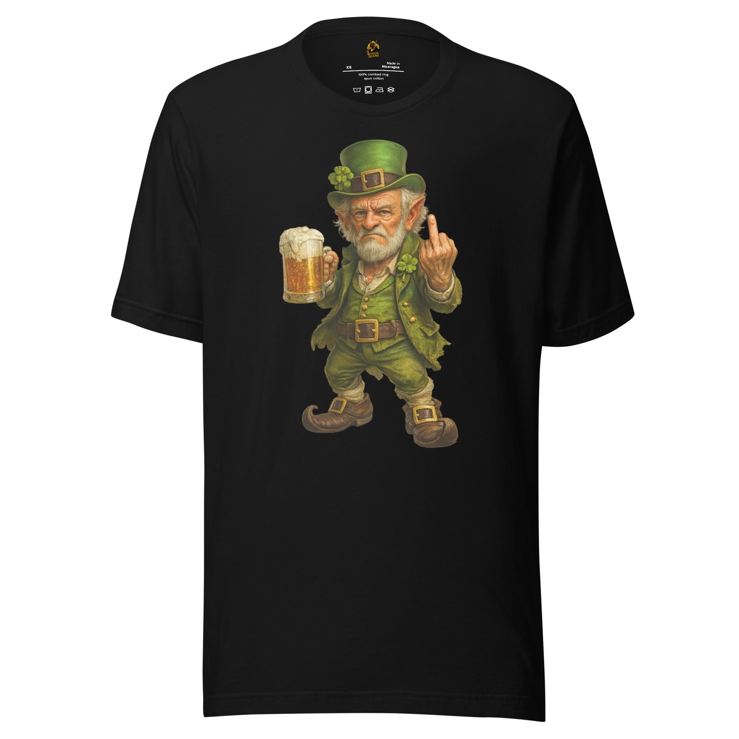 Black unisex t-shirt with a graphic of a leprechaun holding a beer mug and giving a middle finger – Boozie Adams