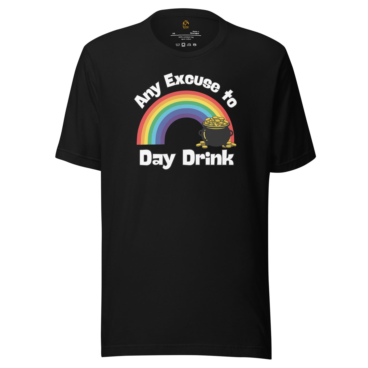 Black unisex t-shirt with rainbow, pot of gold, and text 'Any Excuse to Day Drink' – Boozie Adams