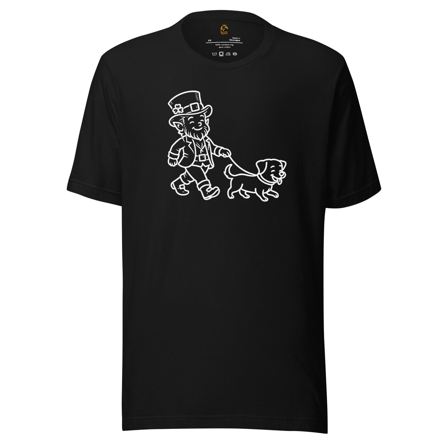 Black unisex t-shirt with white graphic of a leprechaun and dog – Boozie Adams