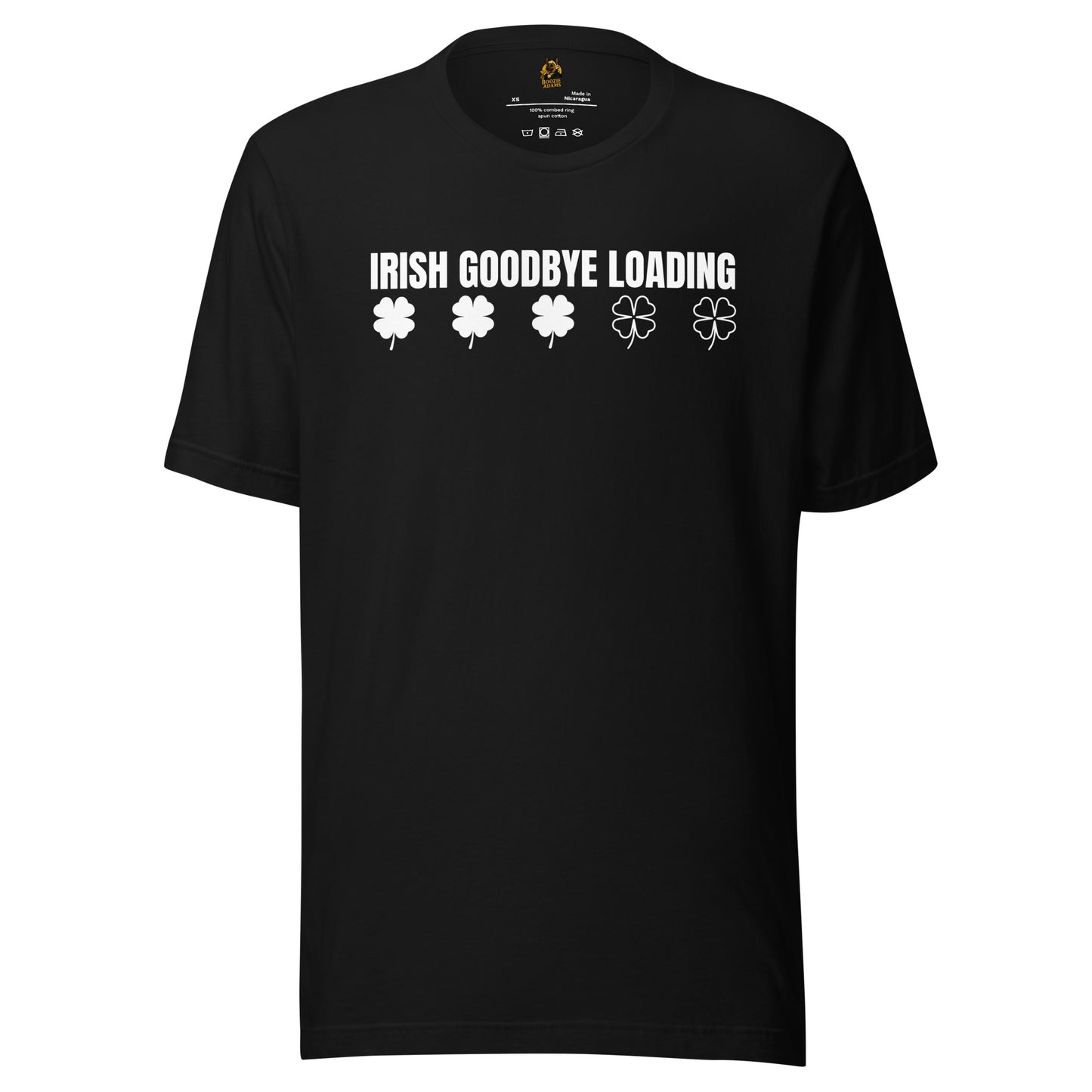 Black unisex t-shirt with 'Irish Goodbye Loading' text and shamrock graphics – Boozie Adams