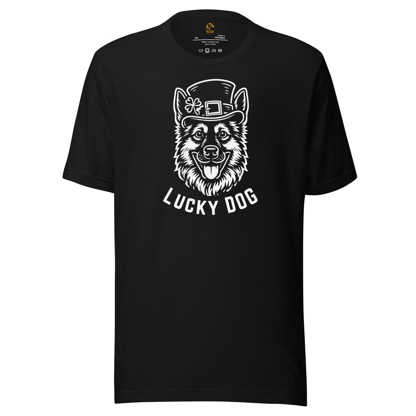 Black unisex t-shirt with a graphic of a dog wearing a leprechaun hat and the text 'Lucky Dog' – Boozie Adams