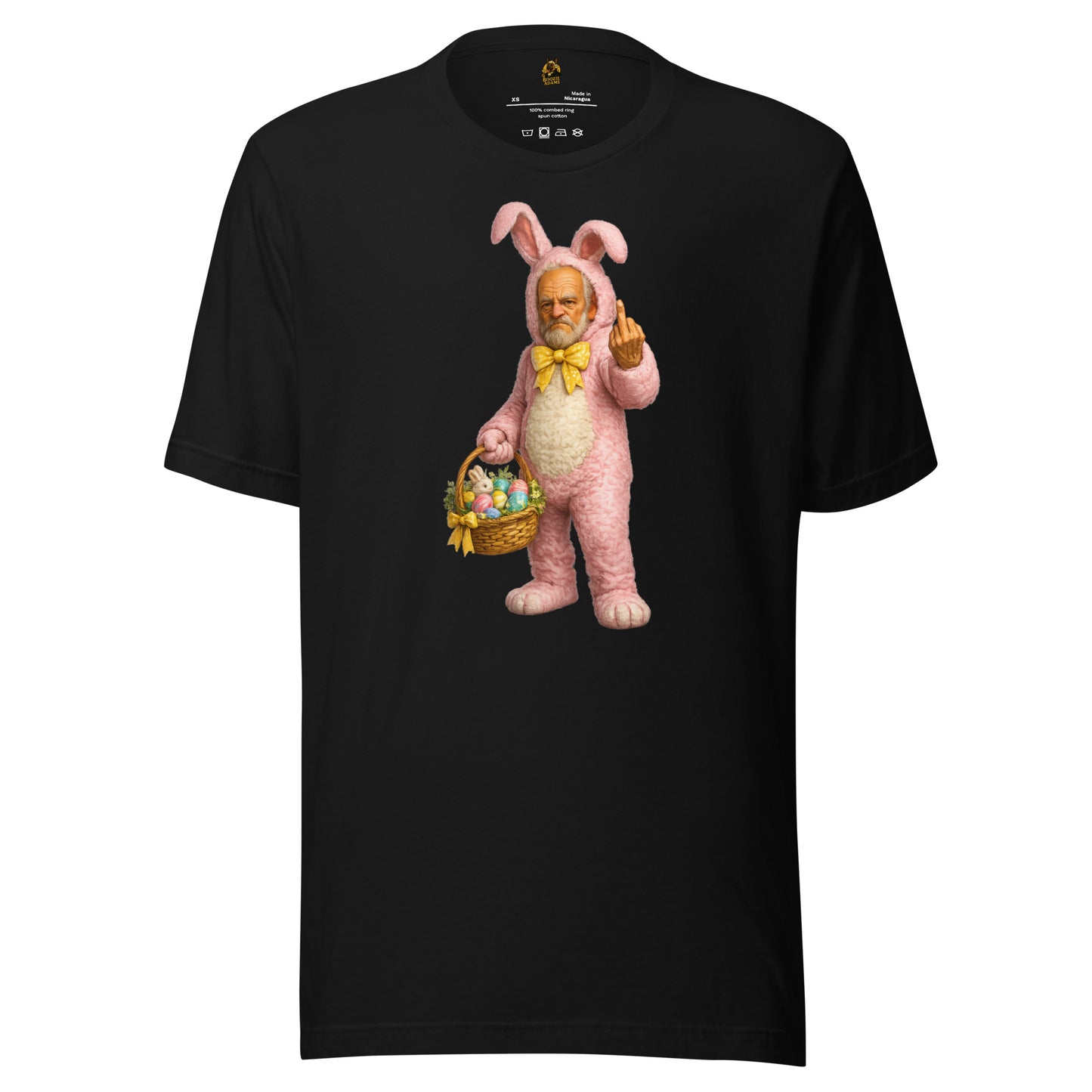 Black unisex t-shirt with a graphic of a person in a pink bunny costume holding an Easter basket while flipping the bird – Boozie Adams