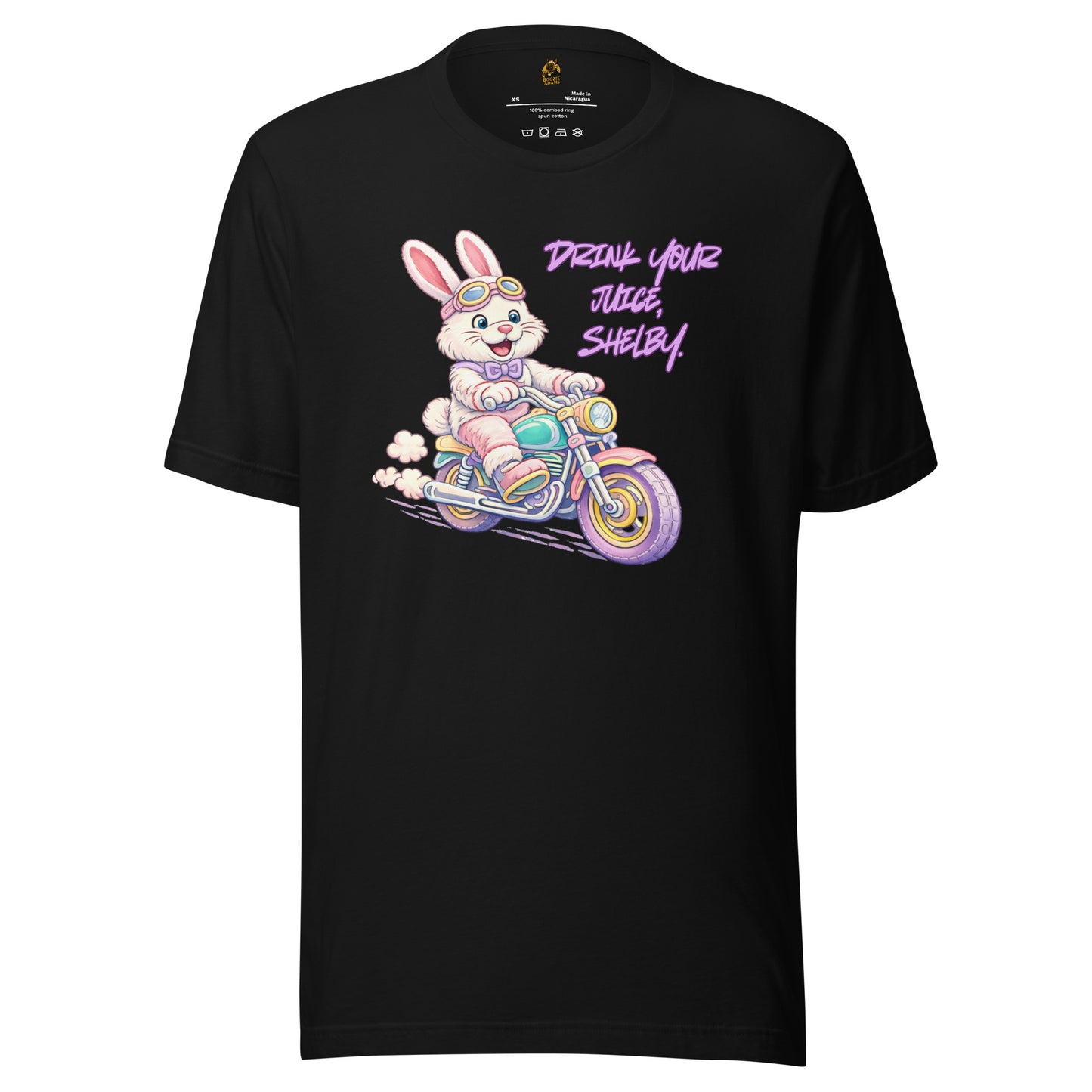 Black unisex t-shirt with a cartoon bunny on a motorcycle and text 'Drink Your Title Shelby' – Boozie Adams