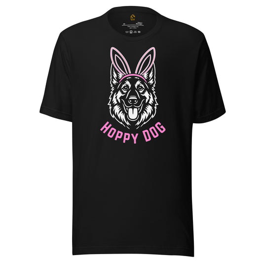 Black unisex t-shirt with a dog graphic and 'Happy Dog' text – Boozie Adams