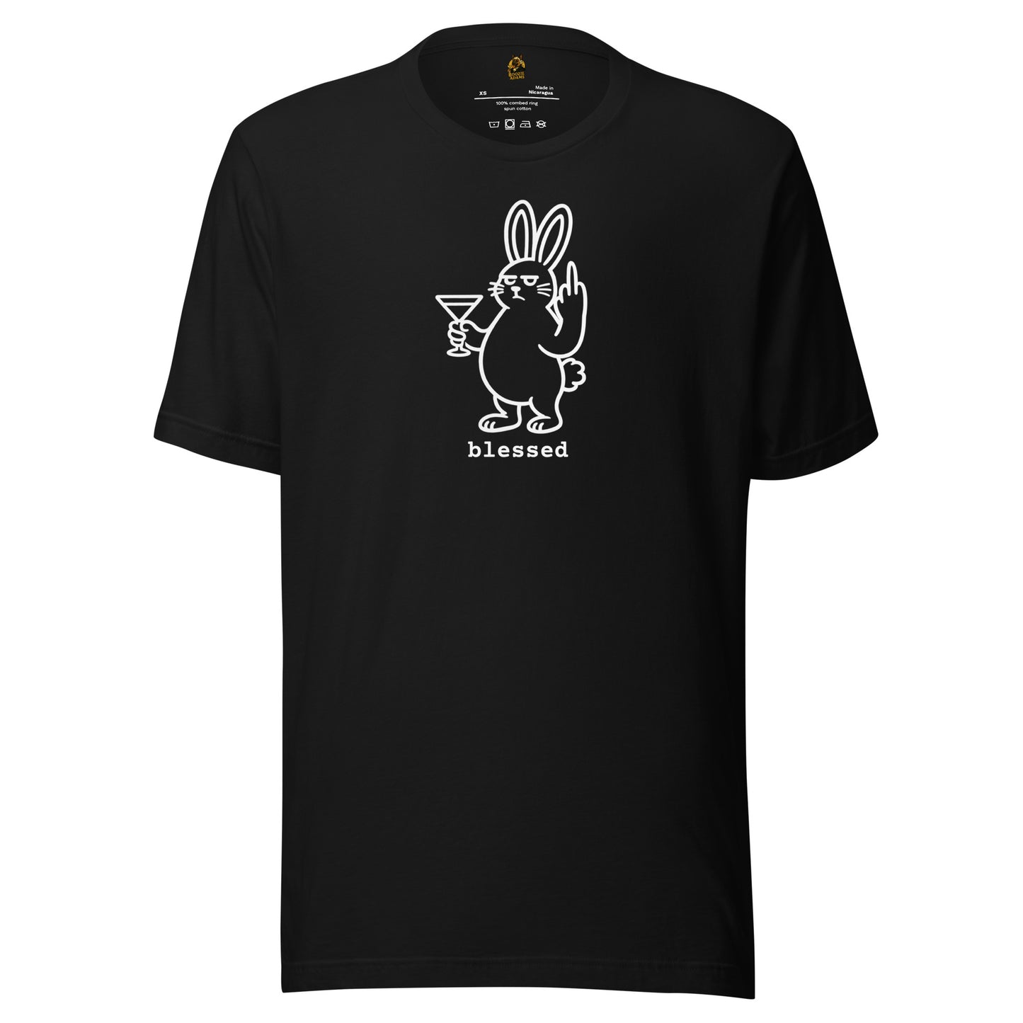 Black unisex t-shirt with a white graphic of a rabbit holding a martini glass and flipping the bird with text 'blessed' – Boozie Adams