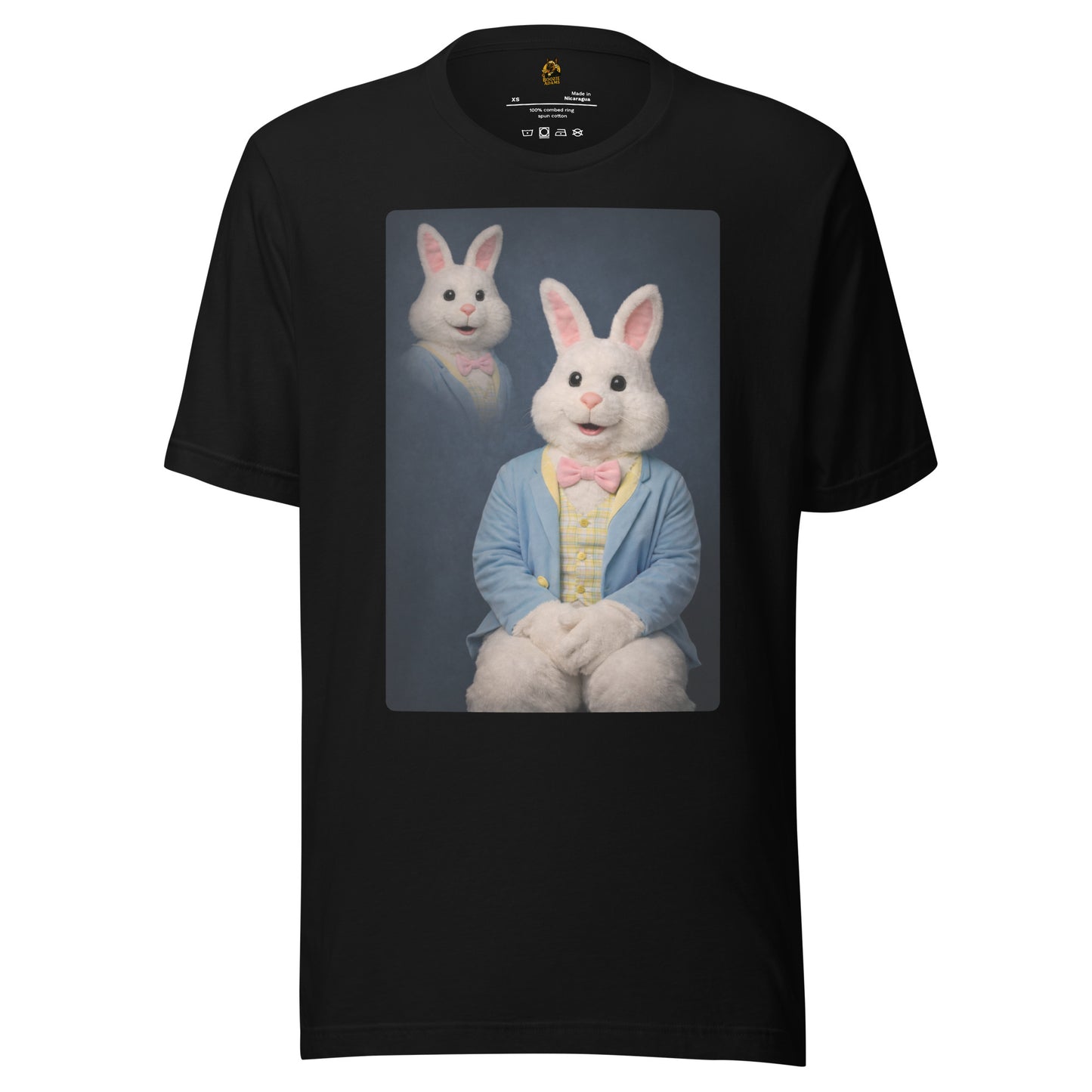 Black unisex t-shirt with a graphic of a rabbit in a suit – Boozie Adams