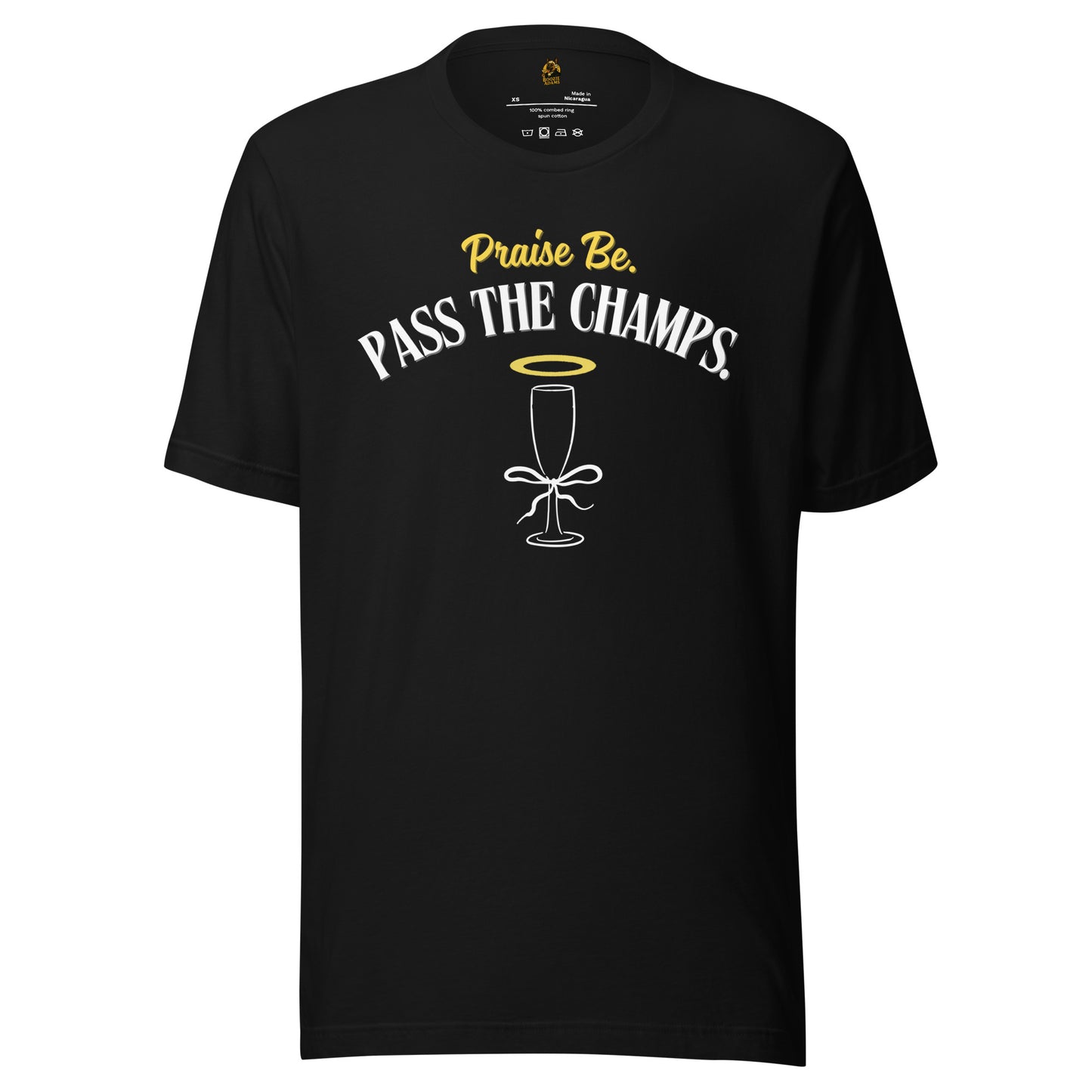 Black unisex t-shirt a champagne with a halo grapic and 'Praise be. Pass the Champs.' text – Boozie Adams