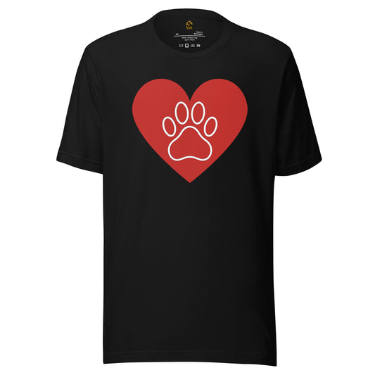 Black unisex t-shirt with a red heart and white paw print design – Boozie Adams