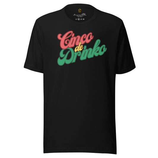 Black unisex t-shirt with 'Cinco de Drinko' text in red and green – Boozie Adams
