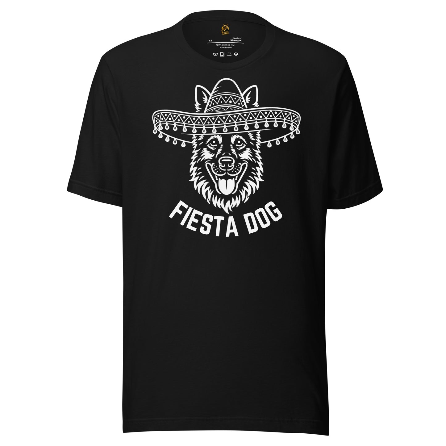 Black unisex t-shirt with a white graphic of a dog wearing a sombrero and the text 'Fiesta Dog' – Boozie Adams