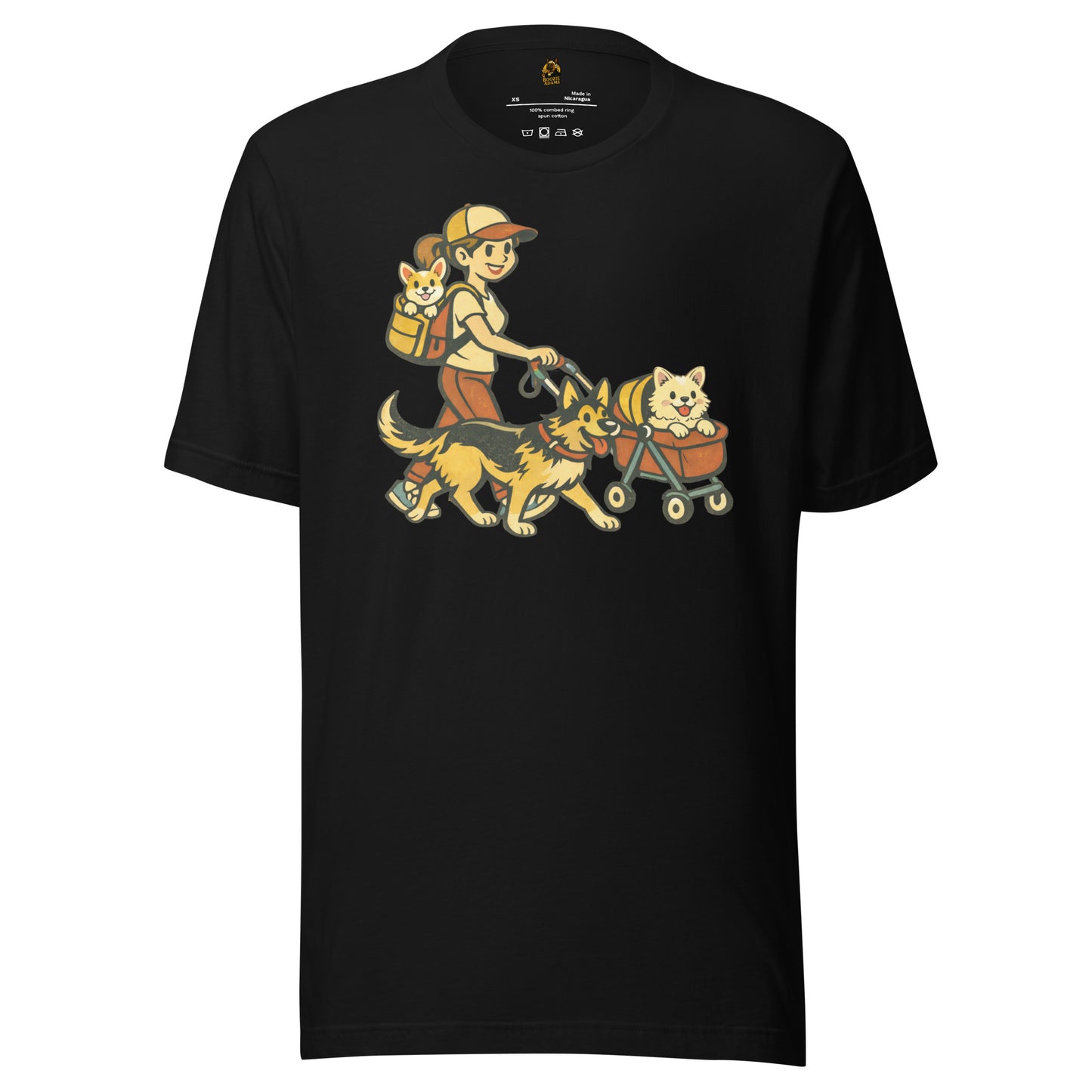 Black unisex t-shirt with a graphic of a woman walking two dogs, one in a cart – Boozie Adams