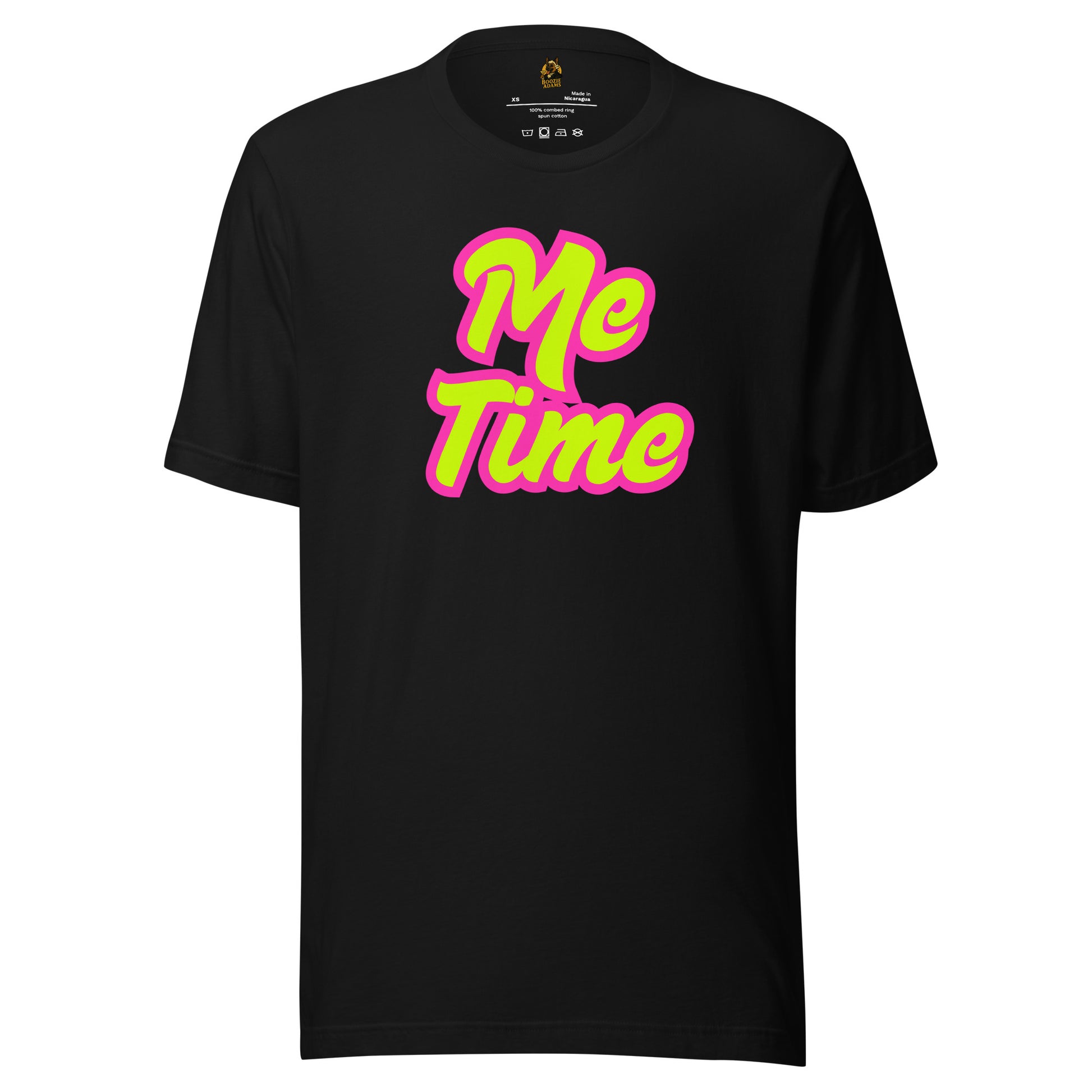 Black unisex t-shirt with 'Me Time' text in pink and yellow – Boozie Adams